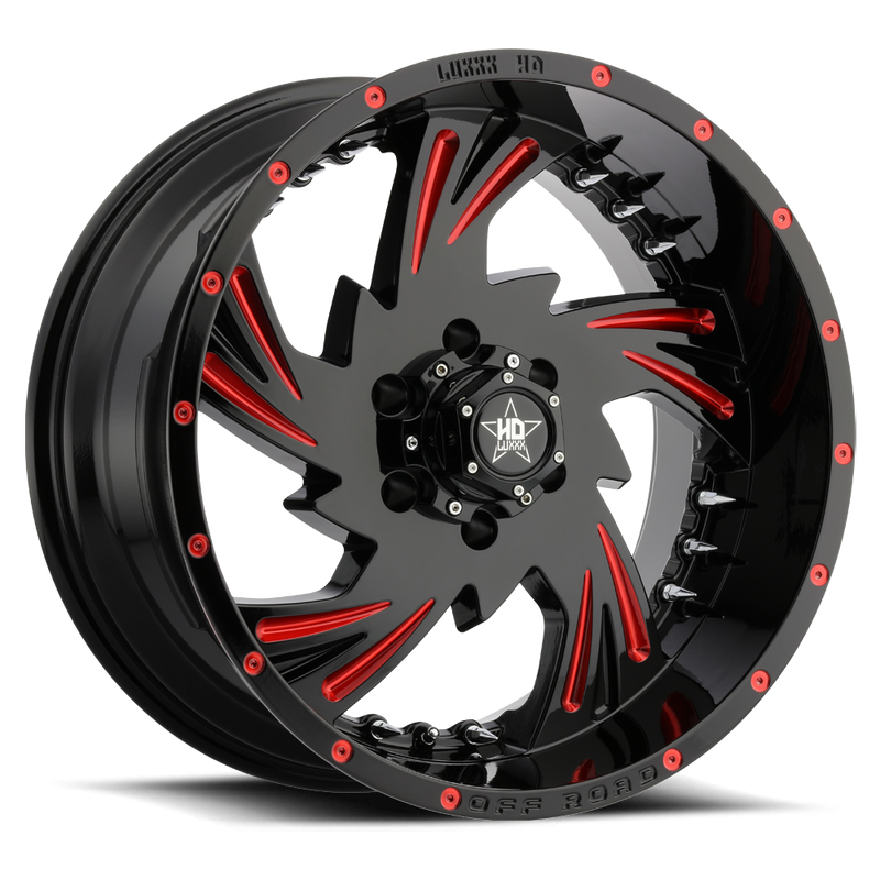 LUXXX HD LHD7 Gloss Black Red Milling w/ Chrome Spike Rivets
